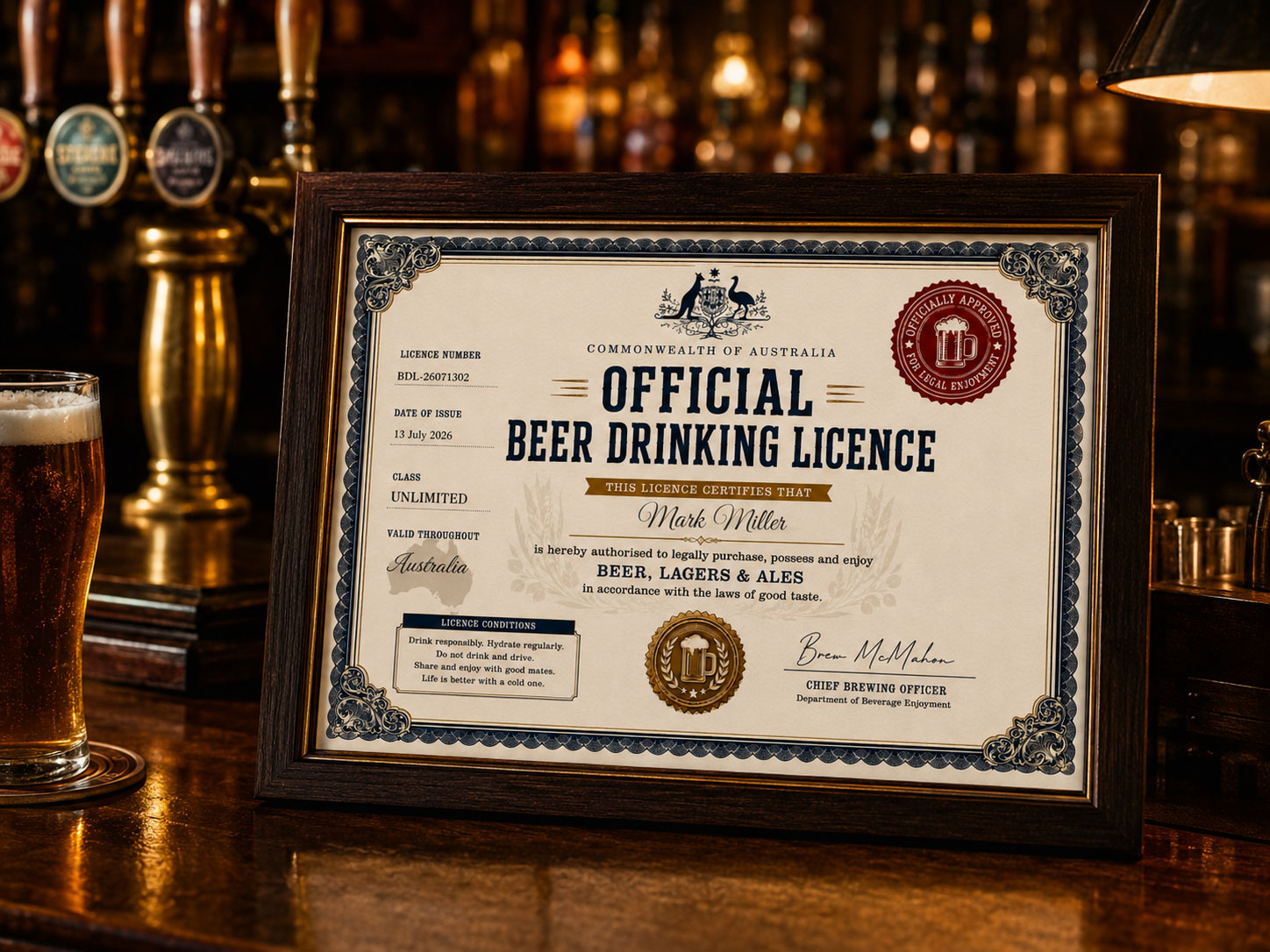 Personalised Beer Drinking Licence example