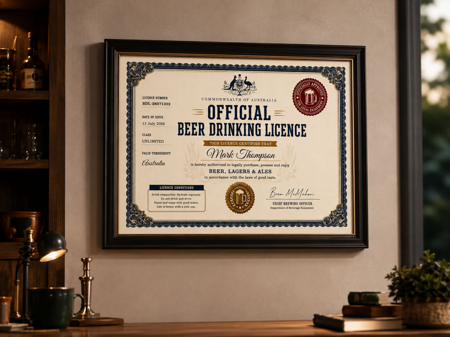 Framed Beer Drinking Licence gift