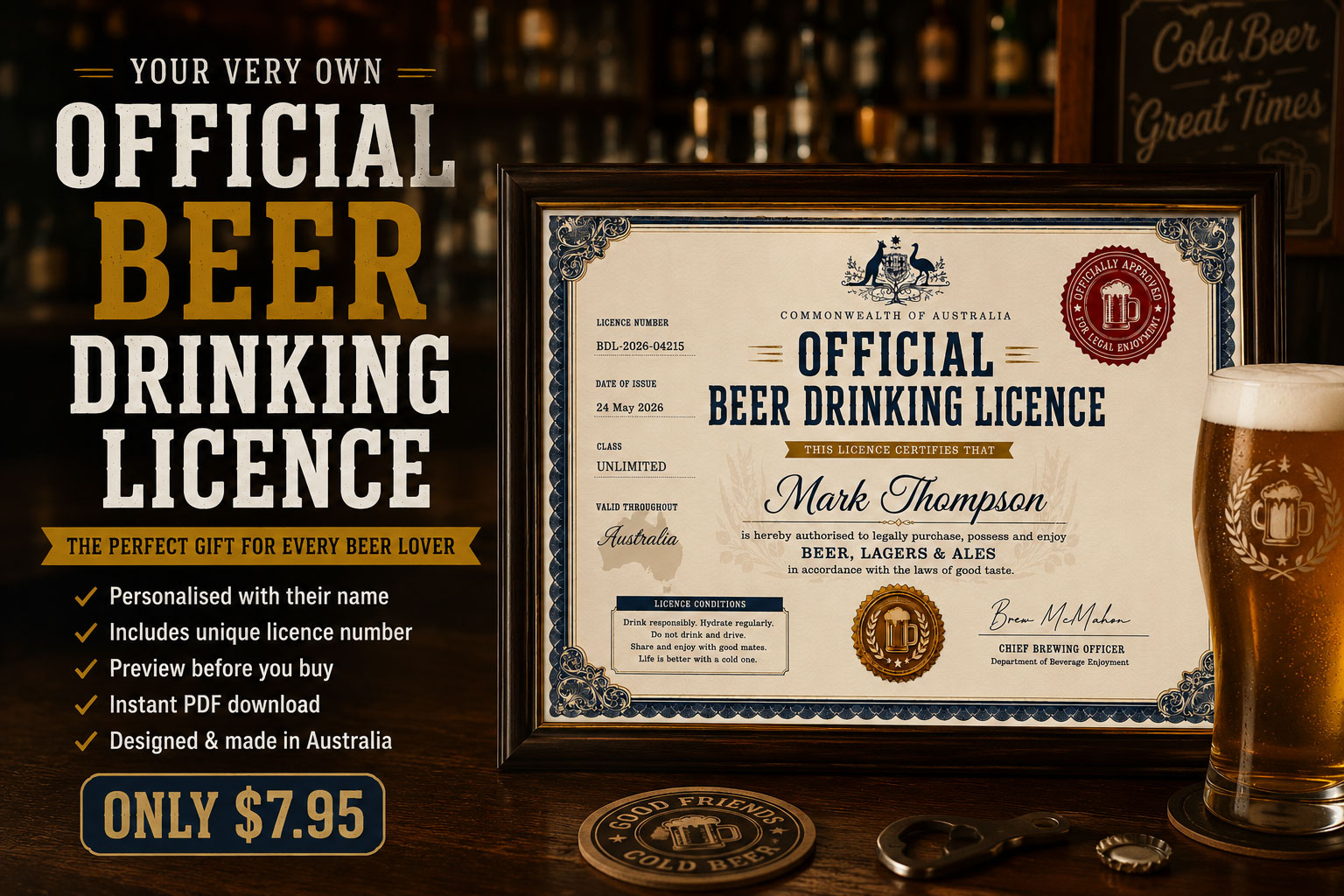 Example personalised Beer Drinking Licence